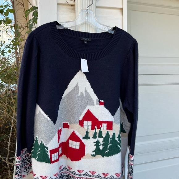 NWT Talbots Cozy Navy Mountain Town In Winter Long Sleeve Sweater - Picture 2 of 6
